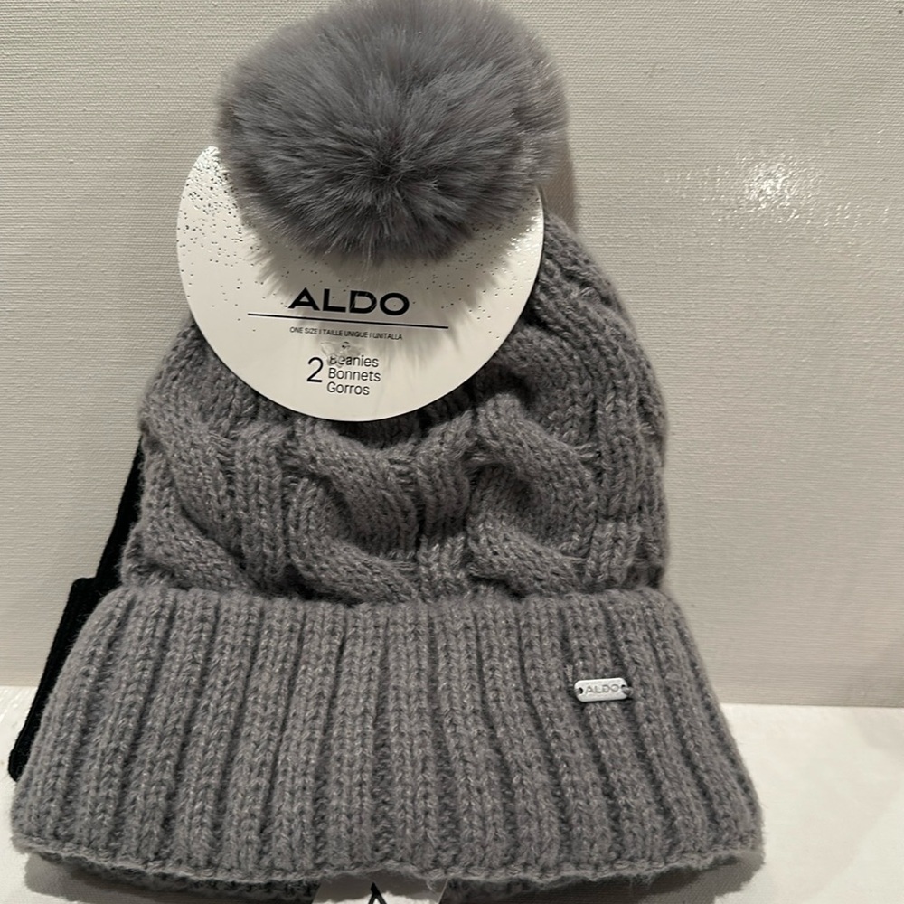 NWT Aldo (2) Piece Beanies in Black and gray. Gray is fully line with Pompom.